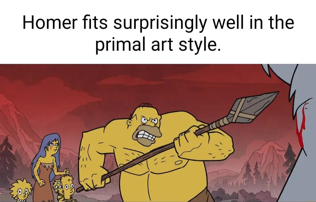 Homer fits surprisingly well in the primal art style