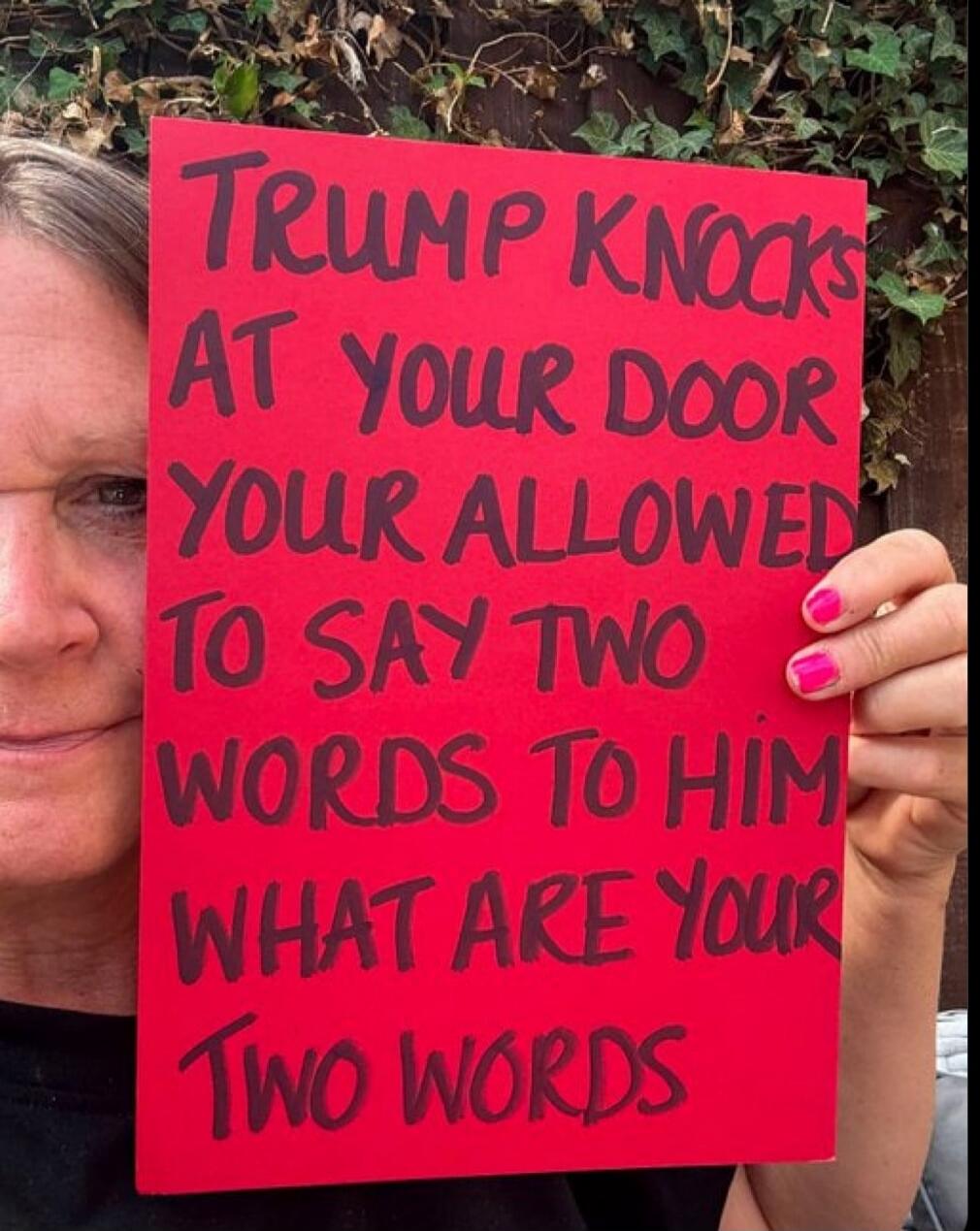 TRUMP KNOCKS AT YOUR DOOR YOUR ALLOWED TO SAY TWO WORDS TO HIM WHAT ARE YOUR TWO WORDS