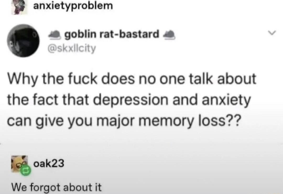 Why the fuck does no one talk about the fact that depression and anxiety can give you major memory loss??
We forgot about it