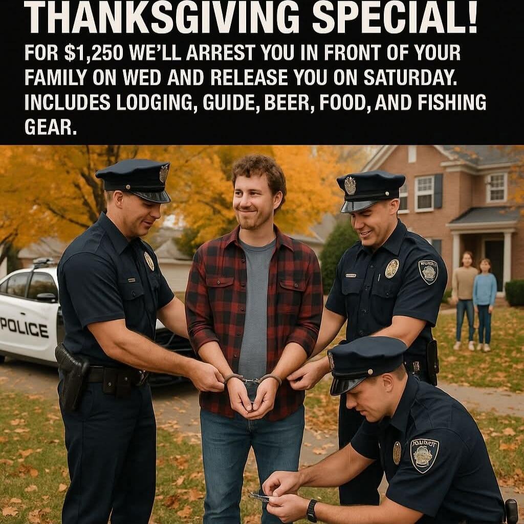 THANKSGIVING SPECIAL! FOR $1,250 WE’LL ARREST YOU IN FRONT OF YOUR FAMILY ON WED AND RELEASE YOU ON SATURDAY. INCLUDES LODGING, GUIDE, BEER, FOOD, AND FISHING GEAR.