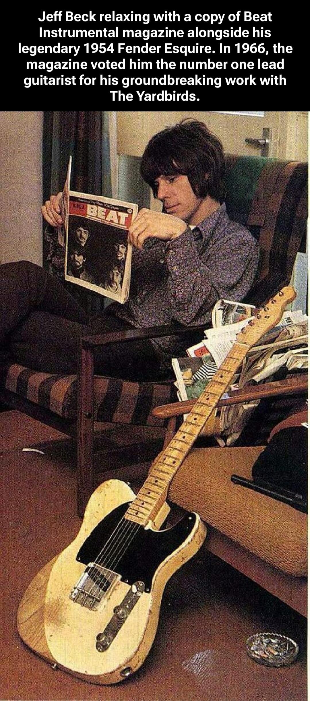 Jeff Beck relaxing with a copy of Beat Instrumental magazine alongside his legendary 1954 Fender Esquire. In 1966, the magazine voted him the number one lead guitarist for his groundbreaking work with The Yardbirds.