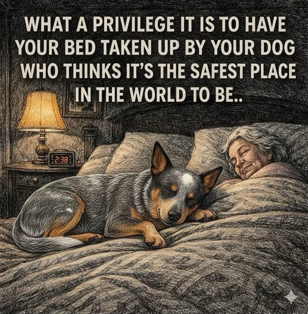 WHAT A PRIVILEGE IT IS TO HAVE YOUR BED TAKEN UP BY YOUR DOG WHO THINKS IT'S THE SAFEST PLACE IN THE WORLD TO BE..