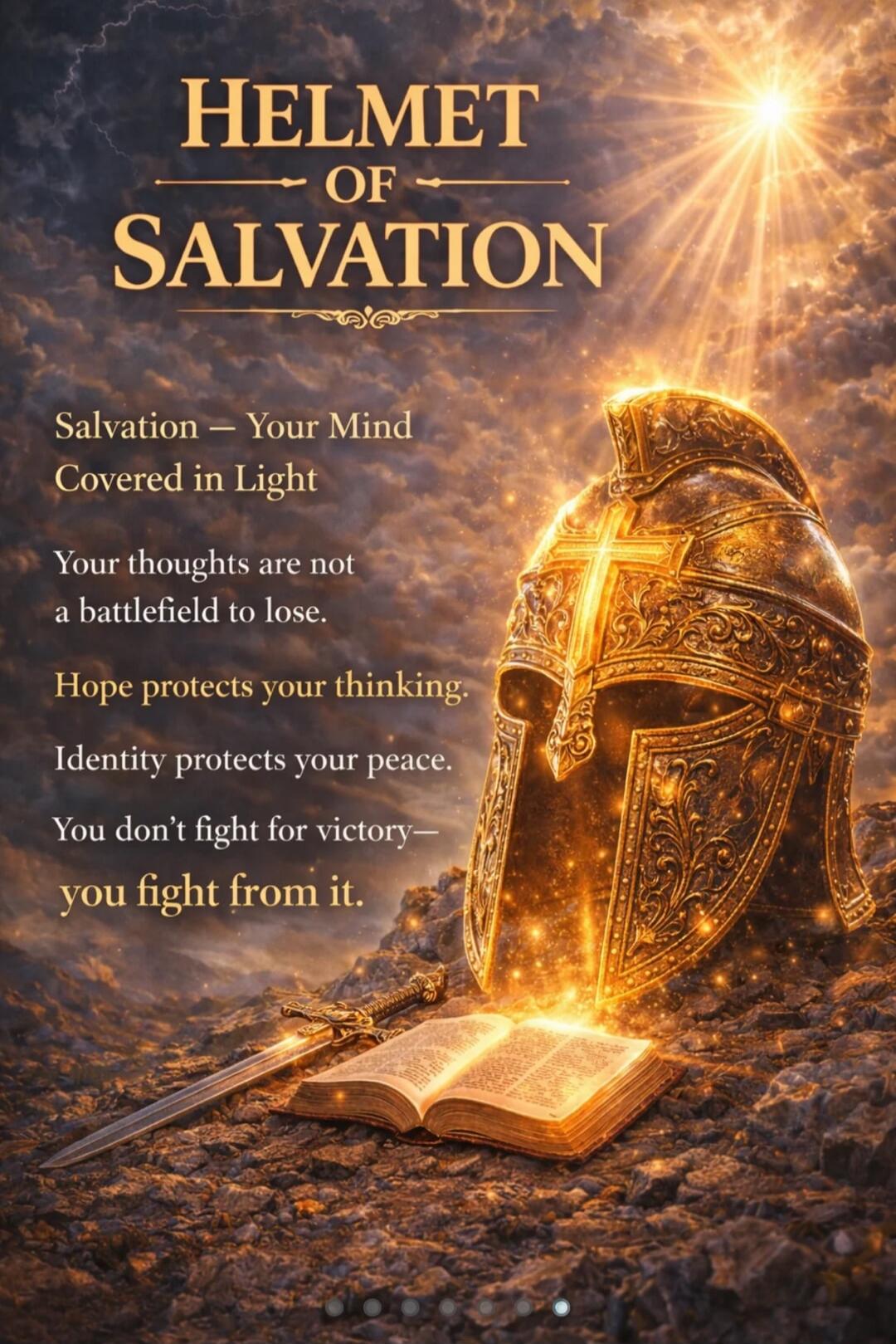 HELMET OF SALVATION Salvation — Your Mind Covered in Light Your thoughts are not a battlefield to lose. Hope protects your thinking. Identity protects your peace. You don't fight for victory— you fight from it.