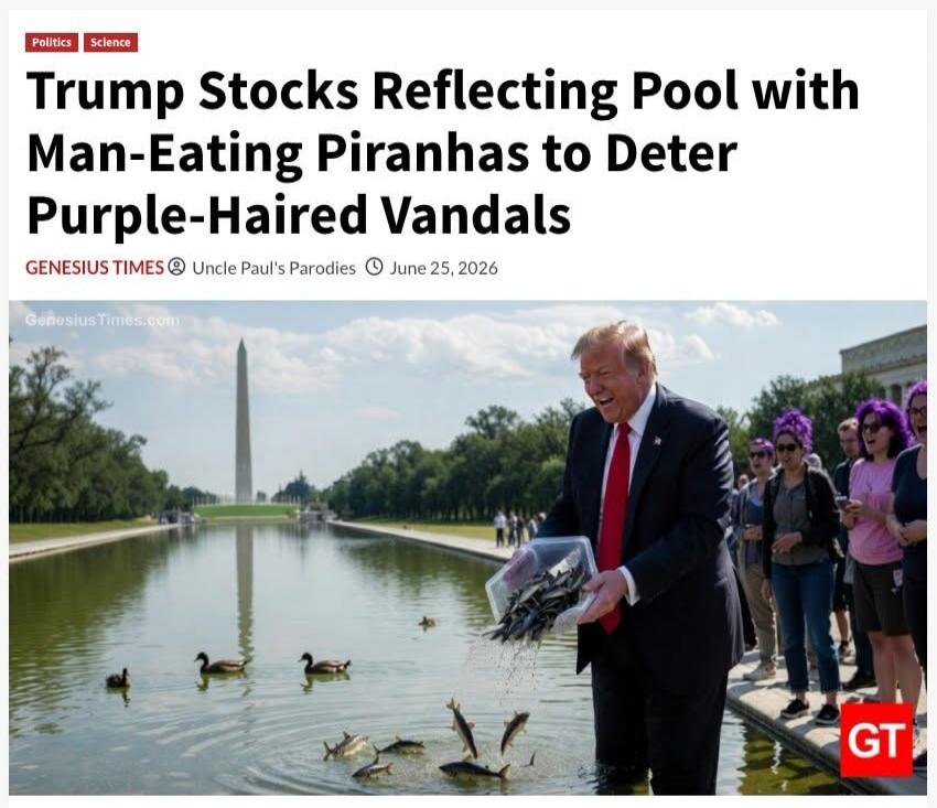Trump Stocks Reflecting Pool with Man-Eating Piranhas to Deter Purple-Haired Vandals. Politics. Science. GENESIUS TIMES. Uncle Paul's Parodies. June 25, 2026. GenesiusTimes.com. GT.