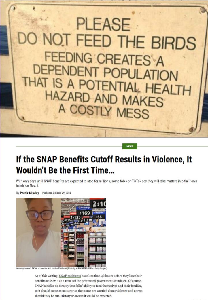 PLEASE DO NOT FEED THE BIRDS FEEDING CREATES A DEPENDENT POPULATION THAT IS A POTENTIAL HEALTH HAZARD AND MAKES A COSTLY MESS

If the SNAP Benefits Cutoff Results in Violence, It Wouldn’t Be the First Time...

With only days until SNAP benefits are expected to stop for millions, some folks on TikTok say they will take matters into their own hands o