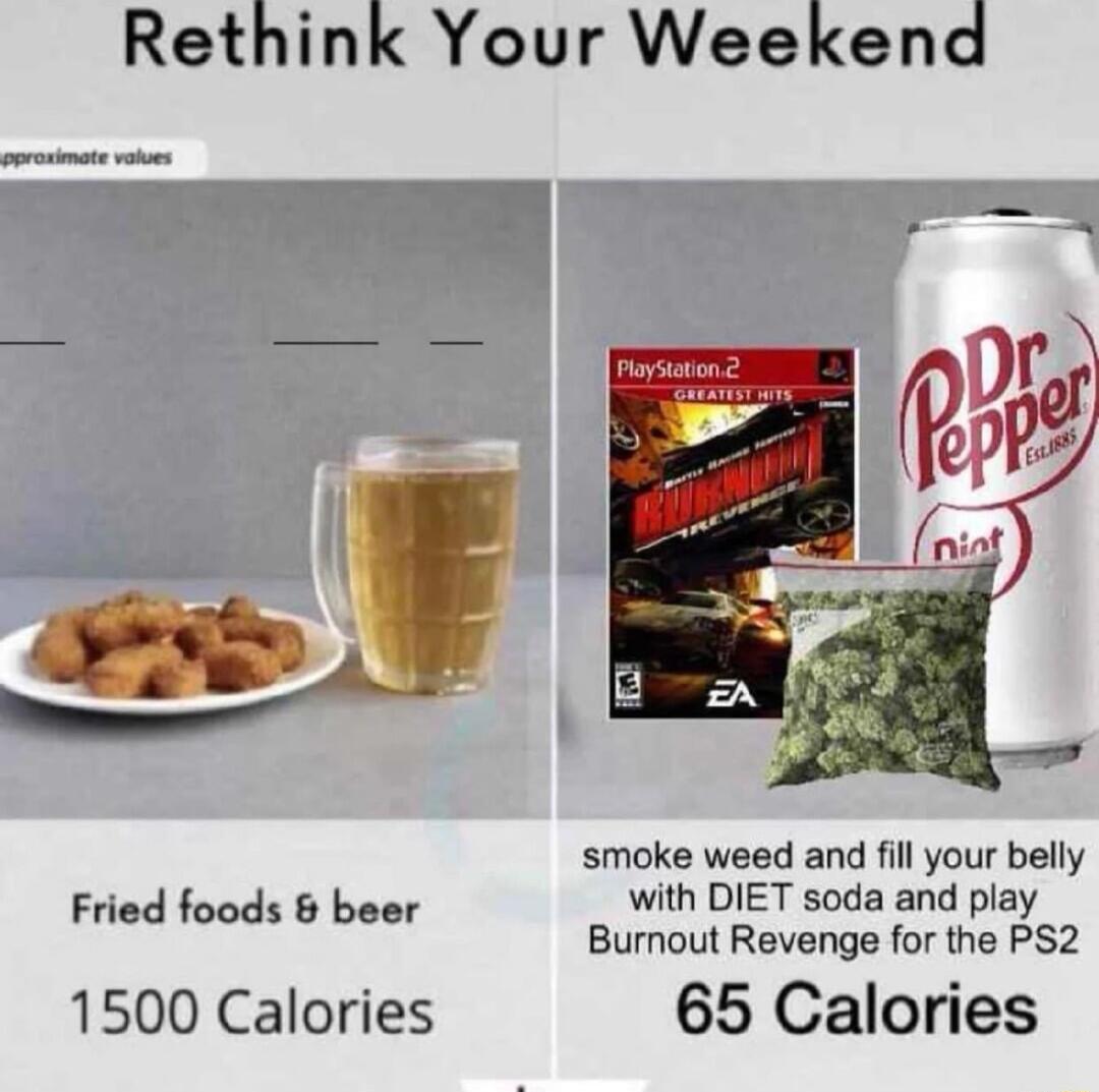 Rethink Your Weekend smoke weed and fill your belly Fried foods beer with DIET soda and play Burnout Revenge for the PS2 1500 Calories 65 Calories