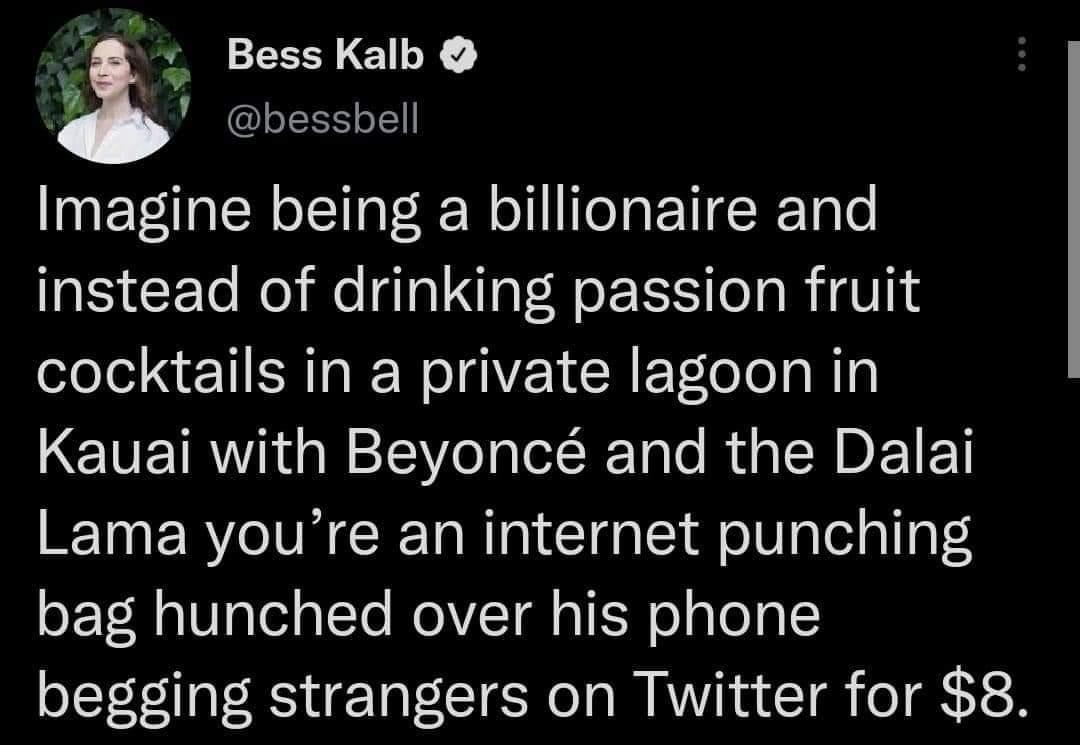 Bess Kalb bessbell Imagine being a billionaire and instead of drinking passion fruit cocktails in a private lagoon in Kauai with Beyonc and the Dalai Lama youre an internet punching bag hunched over his phone begging strangers on Twitter for 8
