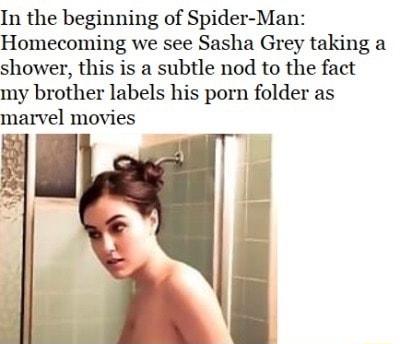 In the beginning of Spider Man Homecoming we see Sasha Grey taking a shower this is a subtle nod to the fact my brother labels his porn folder as marvel movies