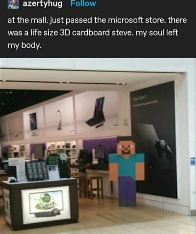 e azertyhug Follow at the mall just passed the microsoft store there was a life size 3D cardboard steve my soul left my body