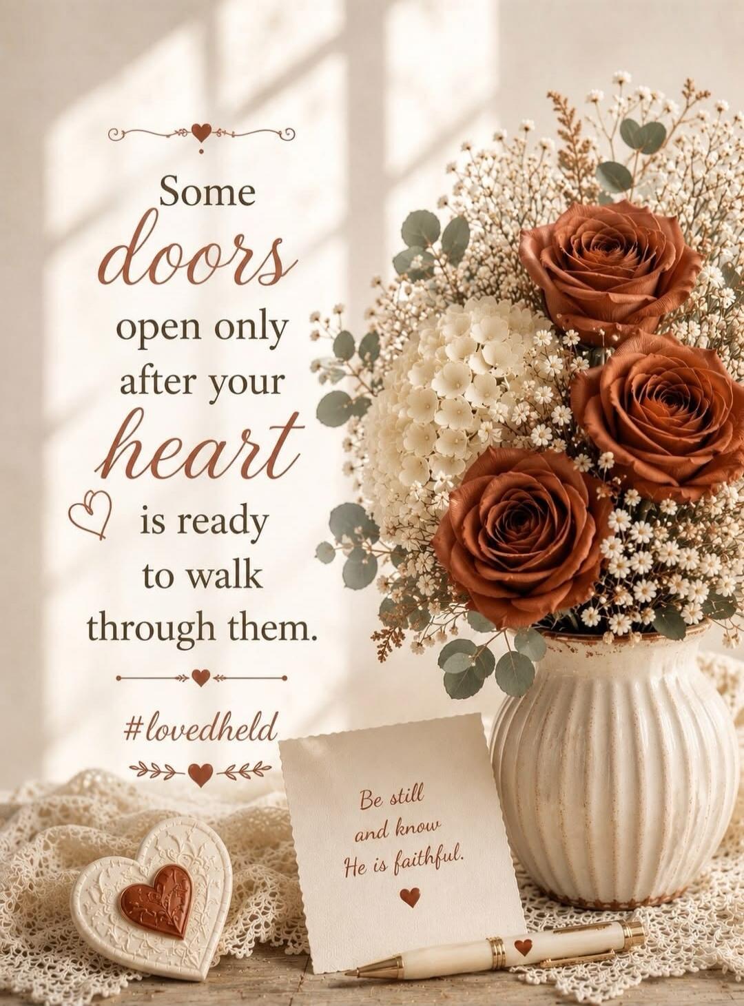 Some doors open only after your heart is ready to walk through them. #lovedheld Be still and know He is faithful.