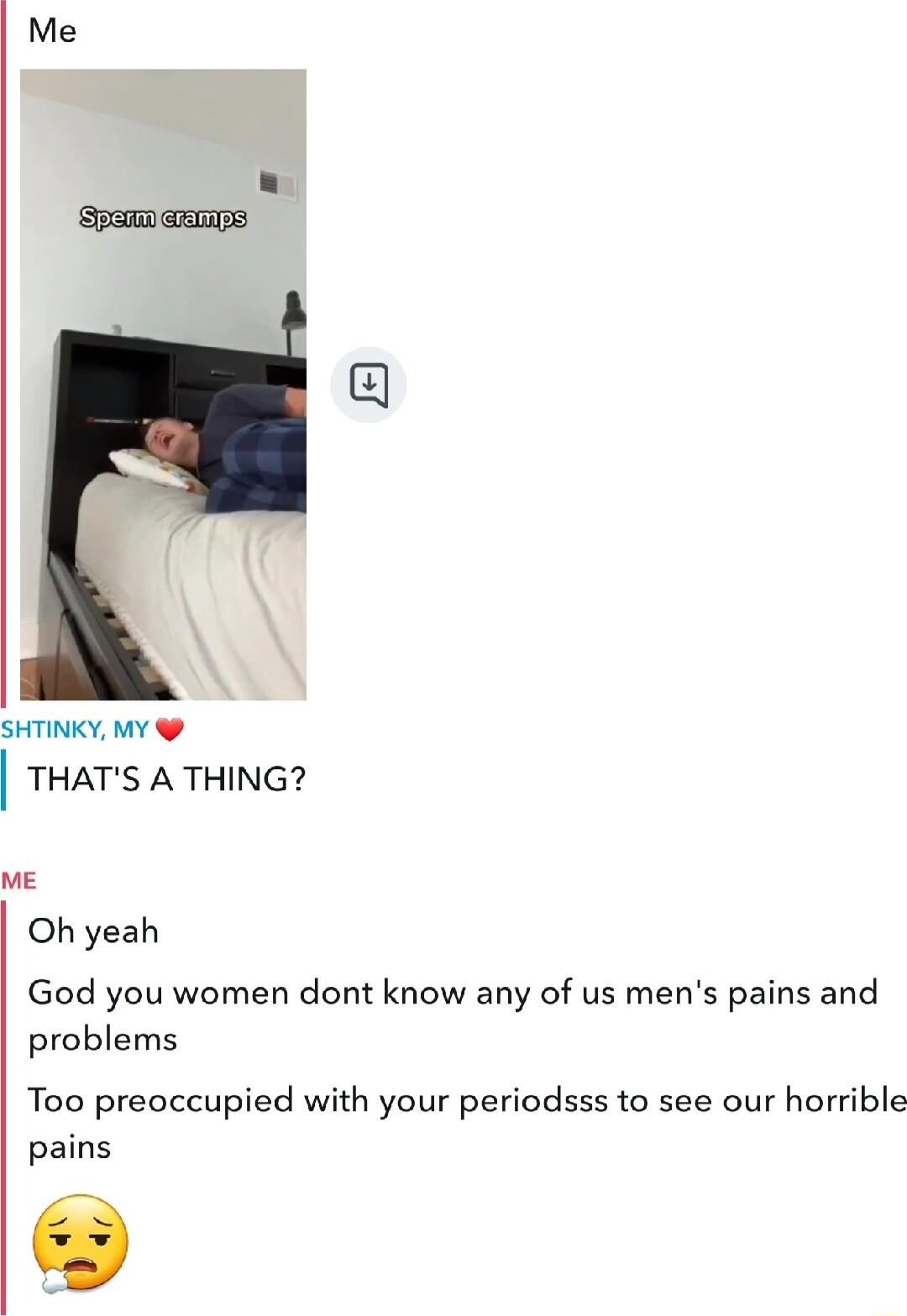Me Spei GrRERS SHTINKY MY THATS A THING v Ohyeah God you women dont know any of us mens pains and problems Too preoccupied with your periodsss to see our horrible pains