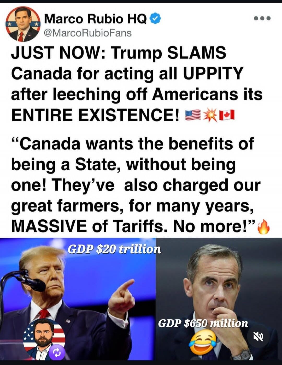 Marco Rubio HQ @MarcoRubioFans JUST NOW: Trump SLAMS Canada for acting all UPPITY after leeching off Americans its ENTIRE EXISTENCE! 🇺🇸💥🇨🇦 