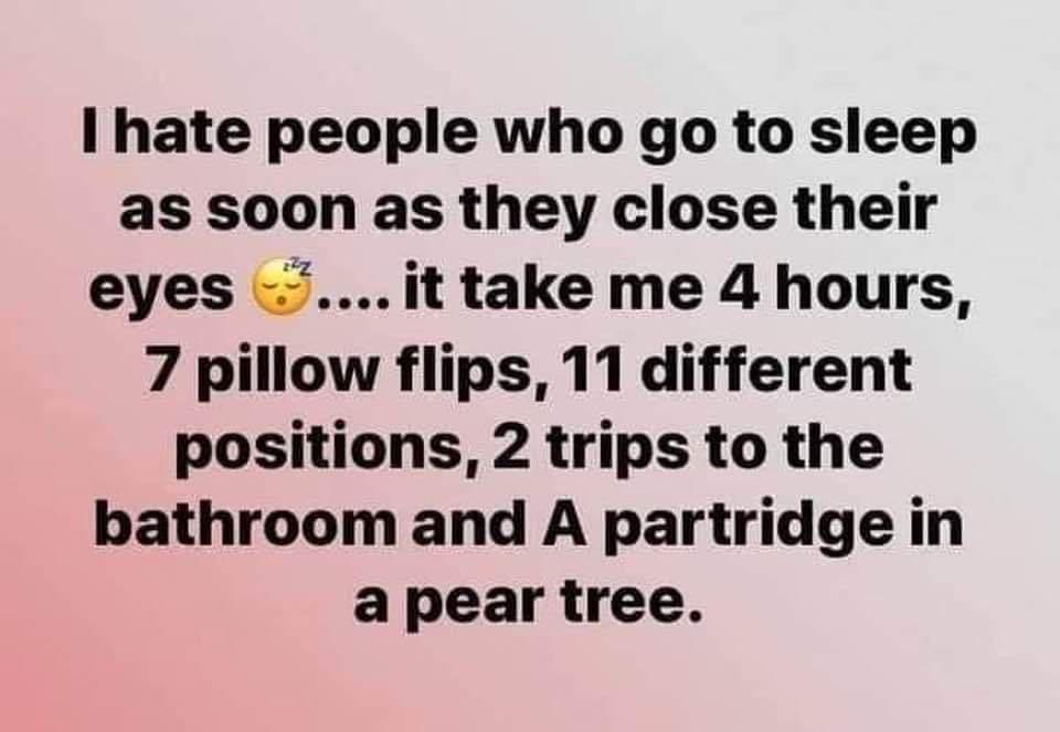 hate people who go to sleep as soon as they close their eyes it take me 4 hours 7 pillow flips 11 different positions 2 trips to the bathroom and A partridge in a pear tree