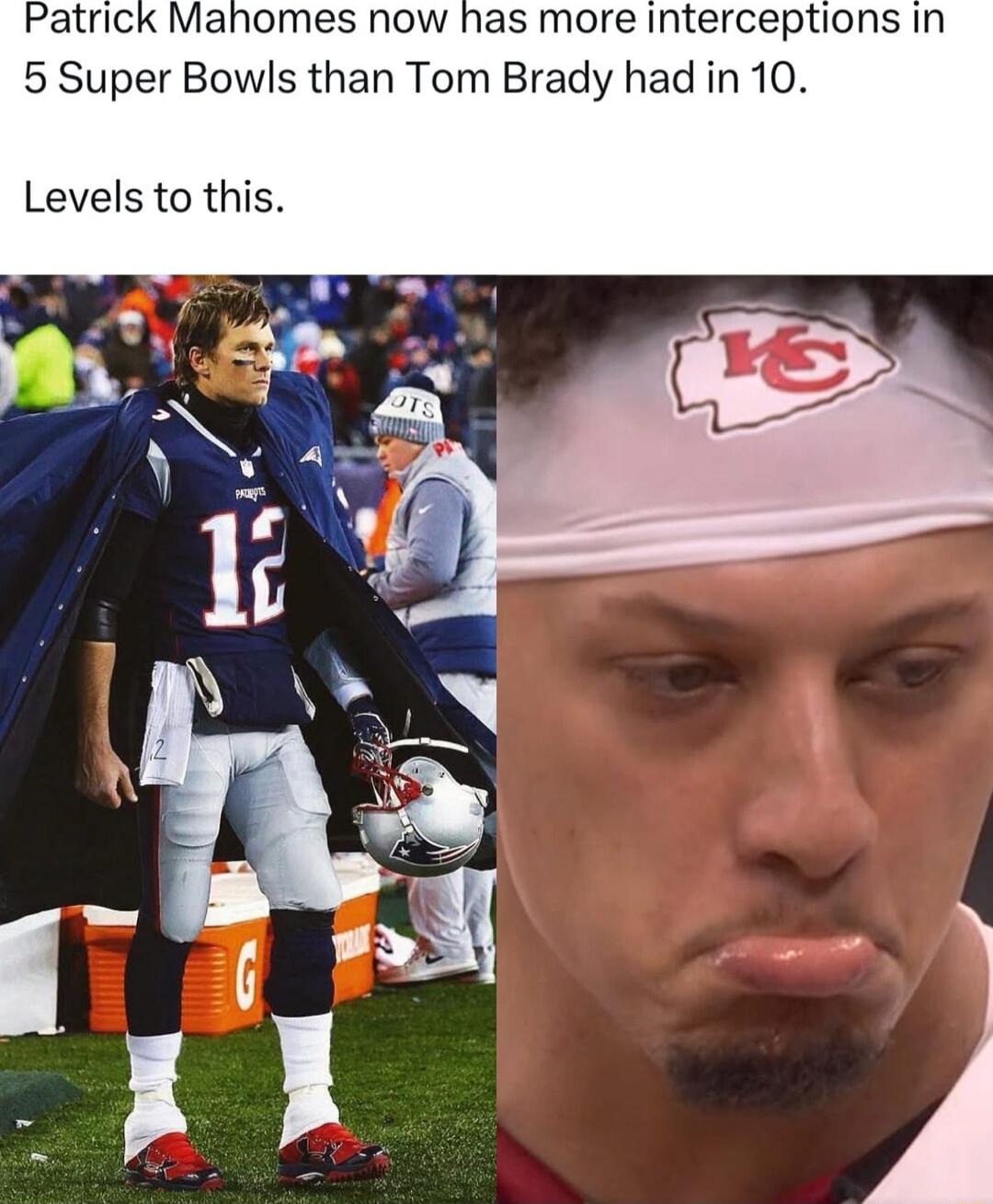 Patrick Mahomes now has more interceptions in 5 Super Bowls than Tom Brady had in 10 Levels to this