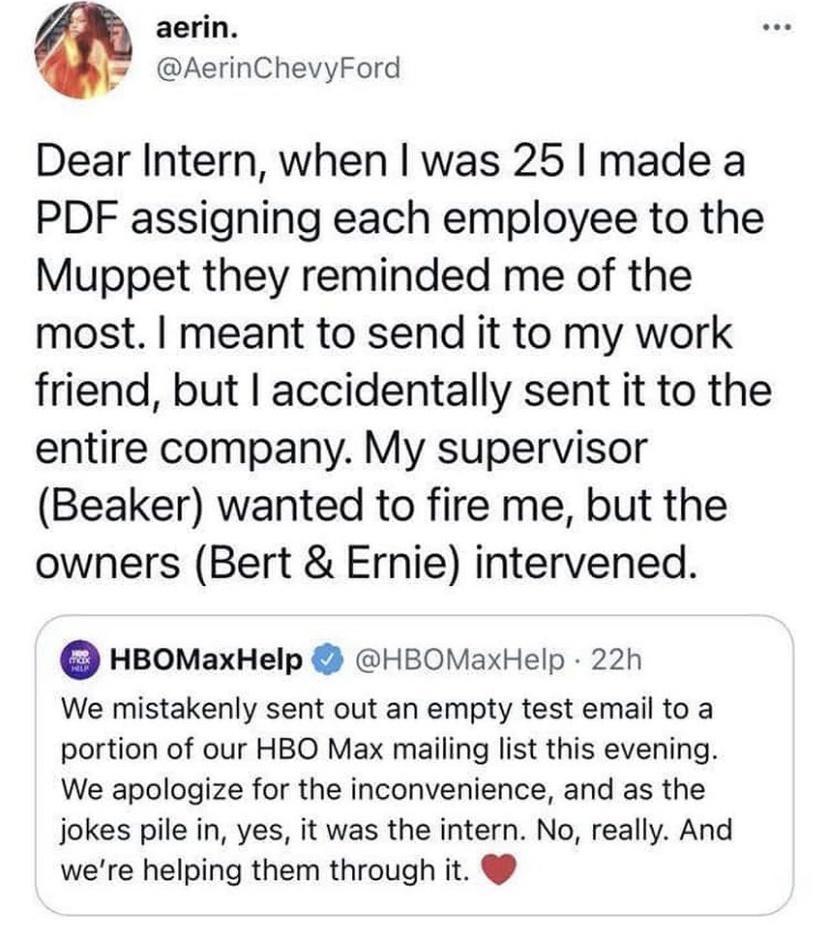 aerin AerinChevyFord Dear Intern when was 25 made a PDF assigning each employee to the Muppet they reminded me of the most meant to send it to my work friend but accidentally sent it to the entire company My supervisor Beaker wanted to fire me but the owners Bert Ernie intervened HBOMaxHelp HBOMaxHelp 22h We mistakenly sent out an empty test email to a portion of our HBO Max mailing list this even