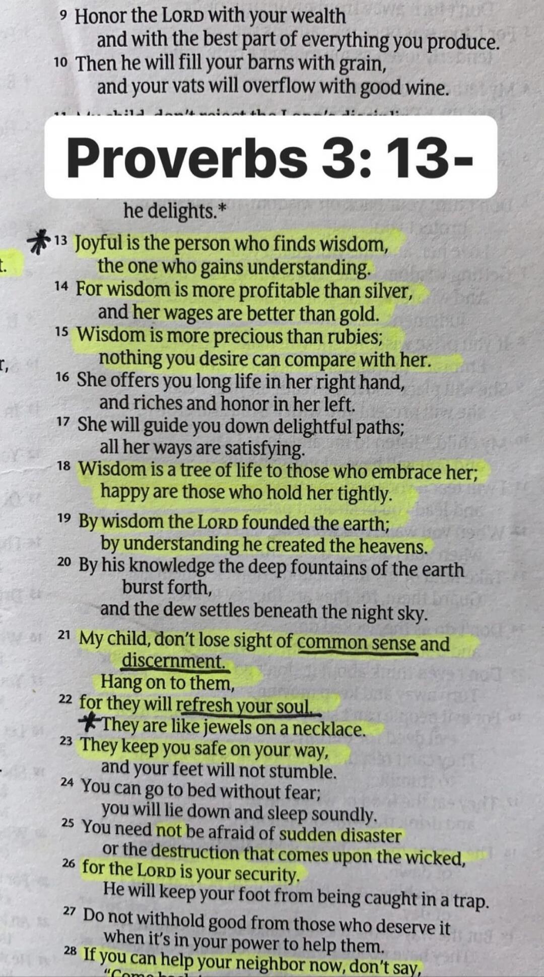 Proverbs 3: 13- Joyful is the person who finds wisdom, the one who gains understanding. For wisdom is more profitable than silver, and her wages are better than gold. Wisdom is more precious than rubies; nothing you desire can compare with her. She offers you long life in her right hand, and riches and honor in her left. She will guide you down del