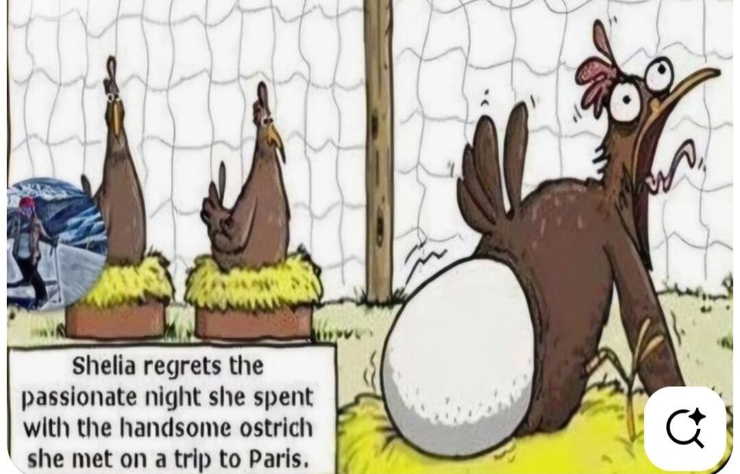 Shelia regrets the passionate night she spent with the handsome ostrich she met on a trip to Paris.