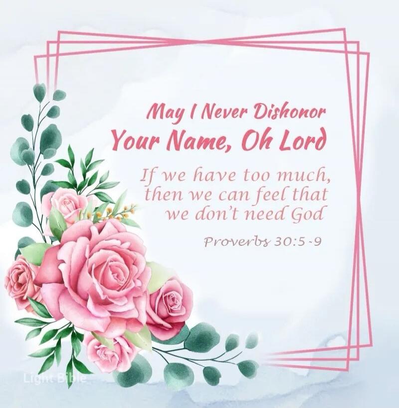 May I Never Dishonor Your Name, Oh Lord If we have too much, then we can feel that we don't need God Proverbs 30:5-9 Light Bible