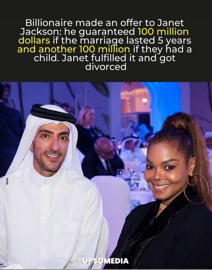 Billionaire made an offer to Janet Jackson: he guaranteed 100 million dollars if the marriage lasted 5 years and another 100 million if they had a child. Janet fulfilled it and got divorced
