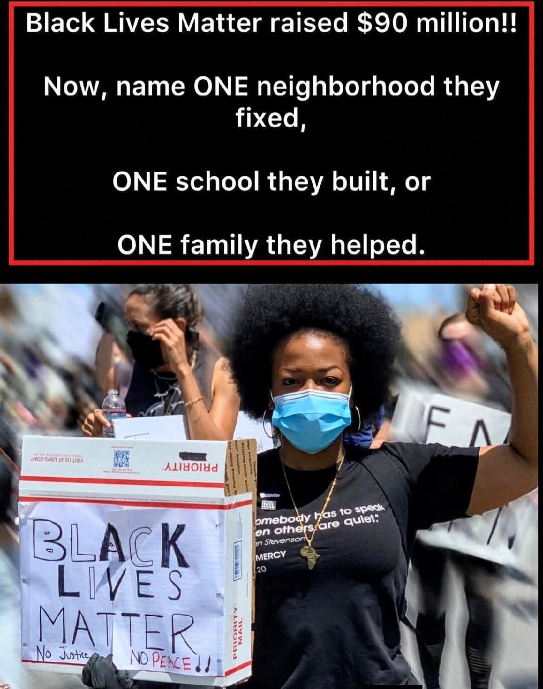Black Lives Matter raised $90 million!! Now, name ONE neighborhood they fixed, ONE school they built, or ONE family they helped. BLACK LIVES MATTER No Justice NO PEACE!! Somebody has to speak when others are quiet.