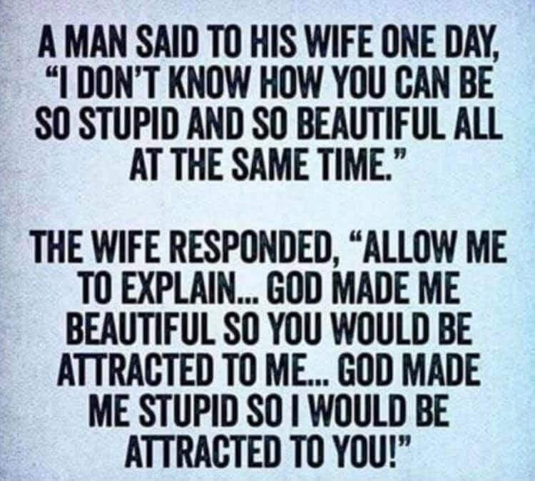 A MAN SAID TO HIS WIFE ONE DAY DONT KNOW HOW YOU CAN BE S0 STUPID AND SO BEAUTIFUL ALL AT THE SAME TIME THE WIFE RESPONDED ALLOW ME T0 EXPLAIN GOD MADE ME BEAUTIFUL SO YOU WOULD BE ATTRACTED TO ME GOD MADE ME STUPID SO WOULD BE ATTRACTED TO YOU