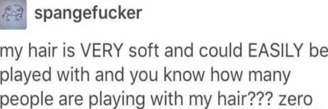 spangefucker my hair is VERY soft and could EASILY be played with and you know how many people are playing with my hair zero