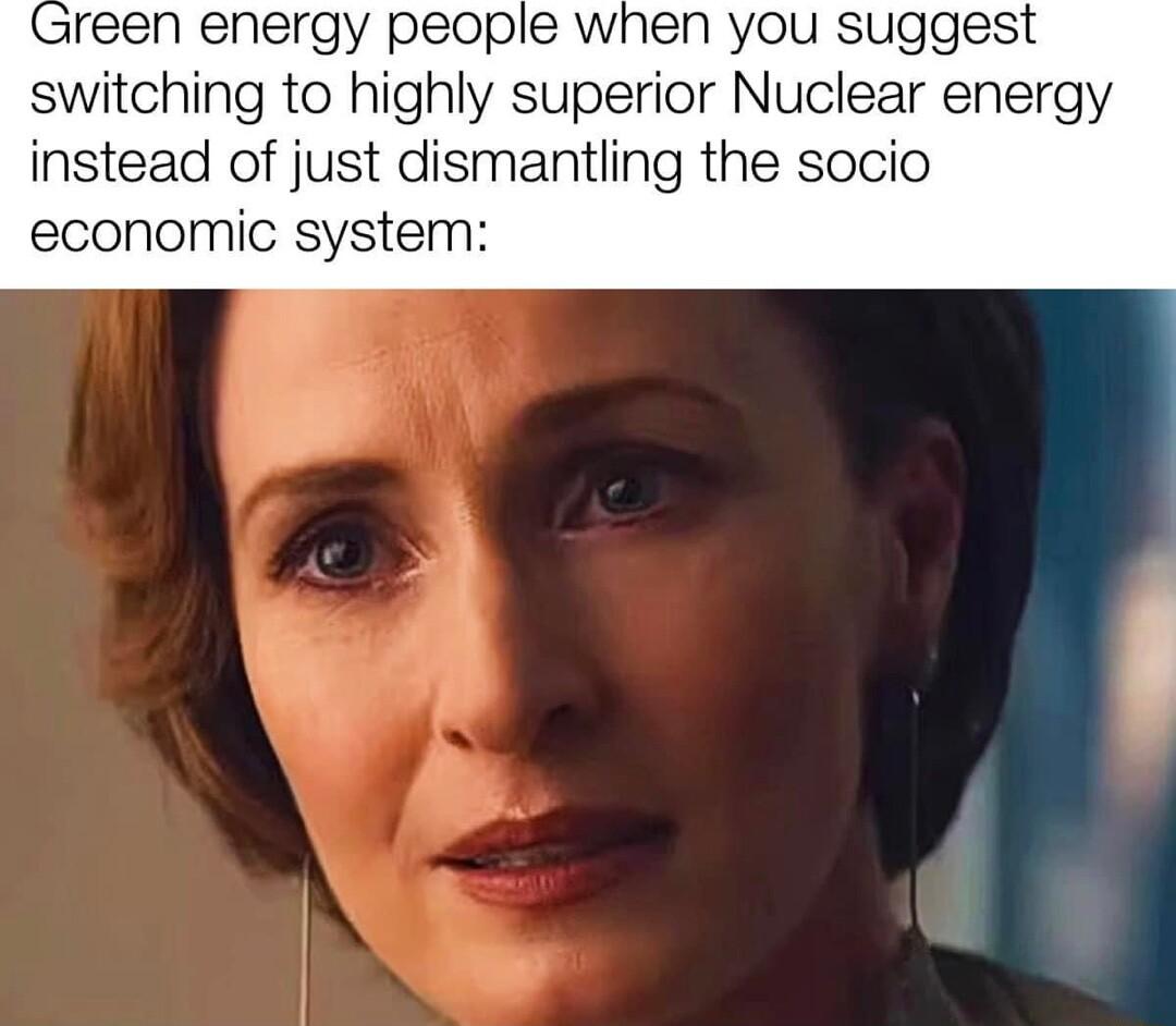 reen energy people when you suggest switching to highly superior Nuclear energy instead of just dismantling the socio economic system