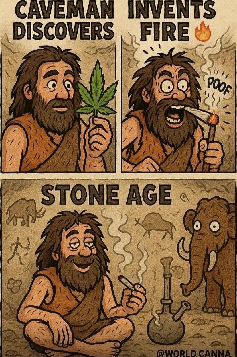 CAVEMAN INVENTS FIRE
CAVEMAN DISCOVERS
STONE AGE
POOF