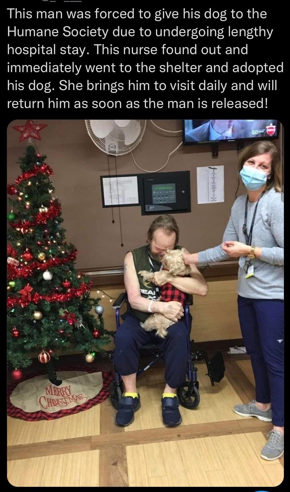 This man was forced to give his dog to the Humane Society due to undergoing lengthy hospital stay This nurse found out and immediately went to the shelter and adopted his dog She brings him to visit daily and will GO EER TR GEEGERRER CIEERER