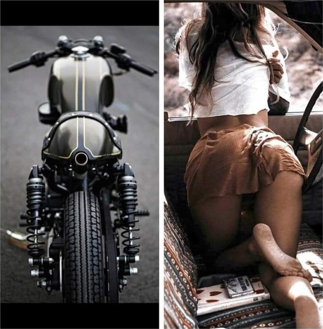 Split image: left side shows a motorcycle from the rear, right side shows a woman in a car wearing a white top and brown shorts, with her legs exposed.
