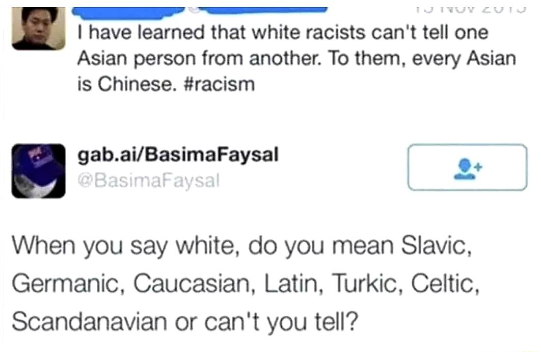 I have learned that white racists cant tell one Asian person from another To them every Asian is Chinese racism 54 gabaiBasimaFaysal When you say white do you mean Slavic Germanic Caucasian Latin Turkic Celtic Scandanavian or cant you tell