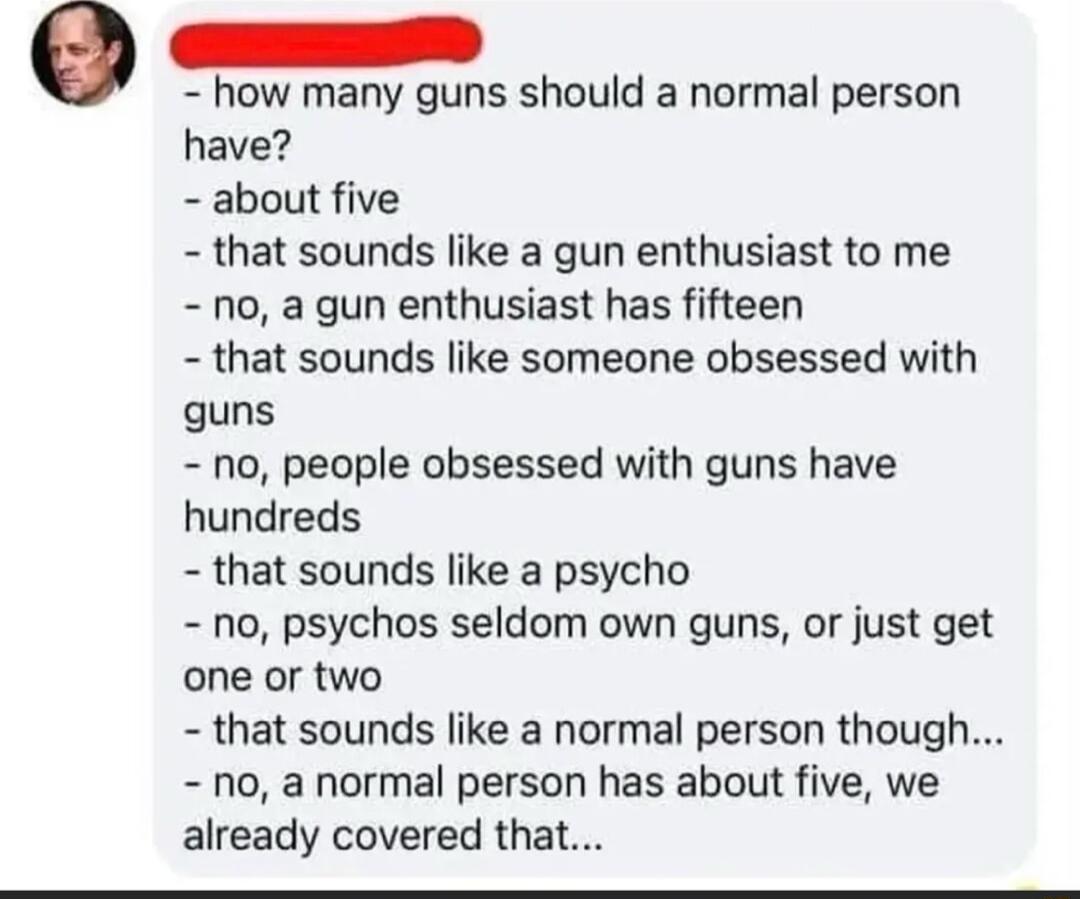 e how many guns should a normal person have about five that sounds like a gun enthusiast to me no a gun enthusiast has fifteen that sounds like someone obsessed with guns no people obsessed with guns have hundreds that sounds like a psycho no psychos seldom own guns or just get one or two that sounds like a normal person though no a normal person has about five we already covered that