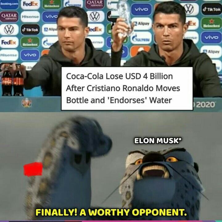 Coca Cola Lose USD 4 Billion After Cristiano Ronaldo Moves Bottle and Endorses Water ELON MUSK FINALLY A WORTHY OPPONENT