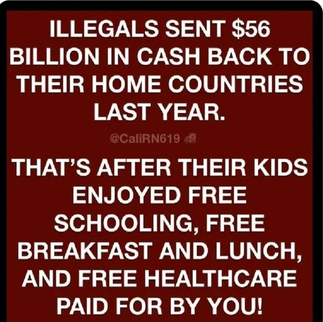 ILLEGALS SENT $56 BILLION IN CASH BACK TO THEIR HOME COUNTRIES LAST YEAR. THAT'S AFTER THEIR KIDS ENJOYED FREE SCHOOLING, FREE BREAKFAST AND LUNCH, AND FREE HEALTHCARE PAID FOR BY YOU!