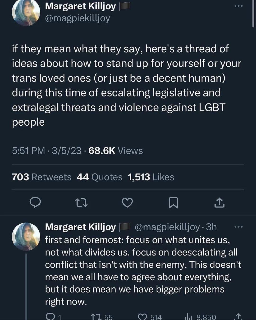 LEG EIE S magpiekilljoy IR GEENCEL R EIS GEVEE VA TR R G TETe ko ideas about how to stand up for yourself or your trans loved ones or just be a decent human during this time of escalating legislative and extralegal threats and violence against LGBT people 551 PM 3523 686K Views 703 Retweets 44 Quotes 1513 Likes u V A Margaret Killjoy magpiekilljoy 3h firstand foremost focus on what unites us not w