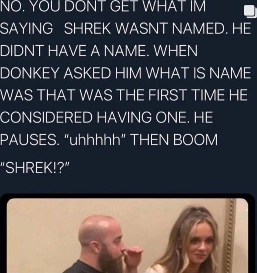 NO YOU DONT GET WHAT IM STV INCARSTE 1 QIS INE RNV Dl o DIDNT HAVE A NAME WHEN BIOINI NSINBN o VRSV WSE VAV WAS THAT WAS THE FIRST TIME HE CONSIDERED HAVING ONE HE PAUSES uhhhhh THEN BOOM SHREK