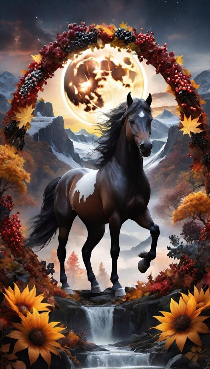 A majestic horse stands in front of a large full moon, framed by a wreath of autumn leaves and berries. Mountains and a waterfall are visible in the background.