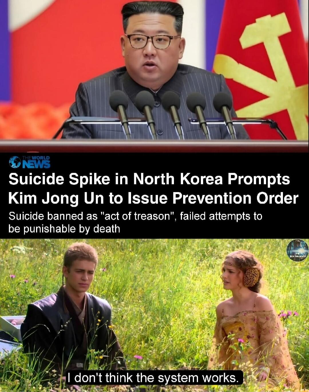 Suicide Spike in North Korea Prompts Kim Jong Un to Issue Prevention Order Suicide banned as 'act of treason', failed attempts to be punishable by death I don't think the system works.
