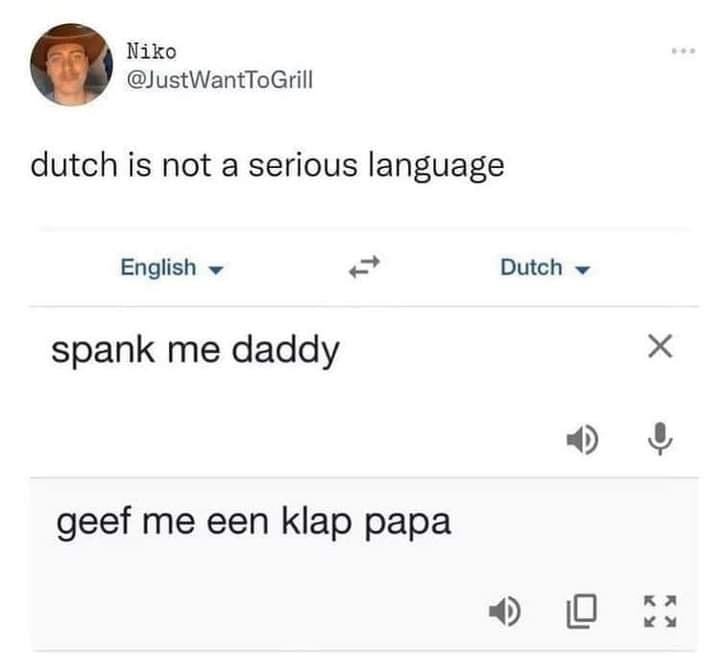 Niko JustWantToGrill dutch is not a serious language English Dutch spank me daddy D geef me een klap papa D A42 nm NRN12029 Twittar far iPhana