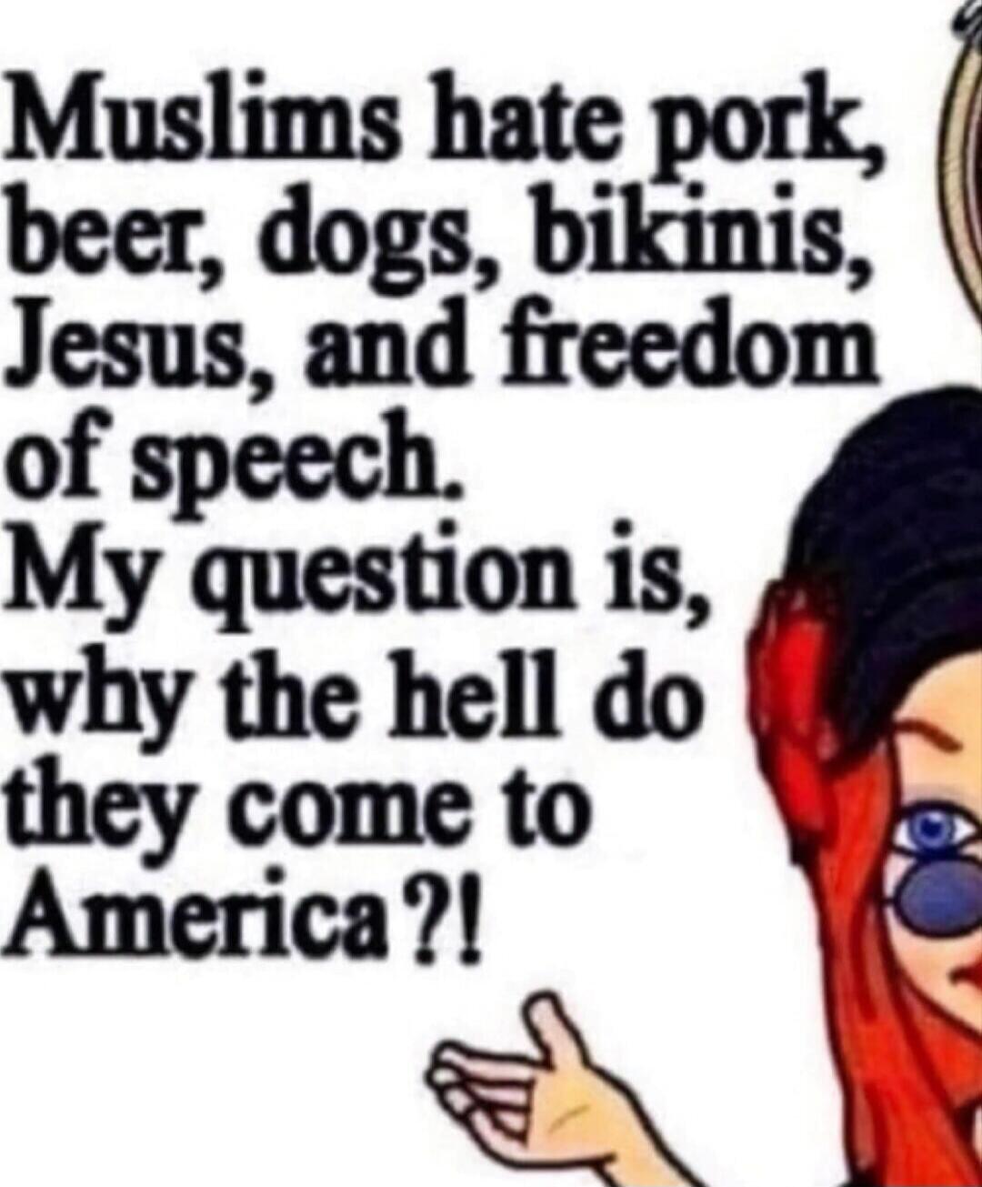 Muslims hate pork, beer, dogs, bikinis, Jesus, and freedom of speech. My question is, why the hell do they come to America?!