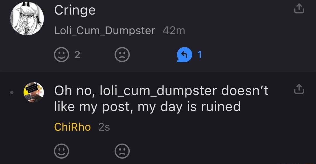 Cringe Loli_Cum_Dumpster 42m OFIN O Oh no loli_cum_dumpster doesnt like my post my day is ruined ChiRho 2s