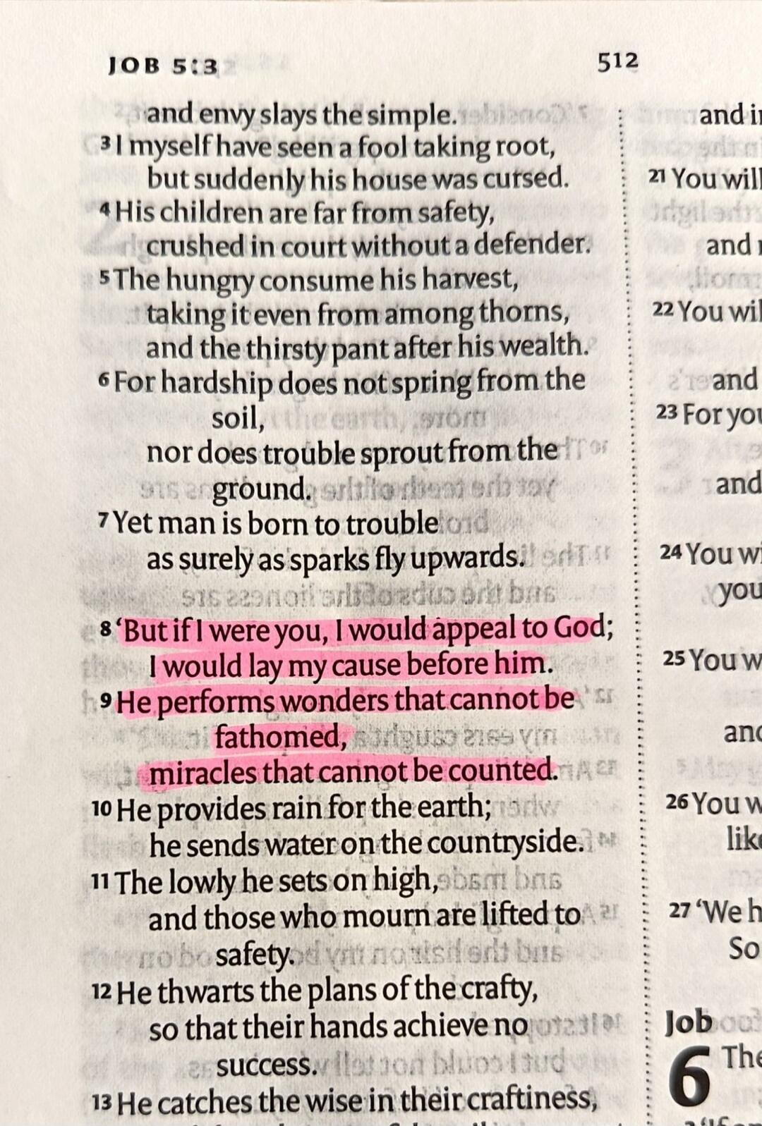 JOB 5:3-13: and envy slays the simple. I myself have seen a fool taking root, but suddenly his house was cursed. His children are far from safety, crushed in court without a defender. The hungry consume his harvest, taking it even from among thorns, and the thirsty pant after his wealth. For hardship does not spring from the soil, nor does trouble 