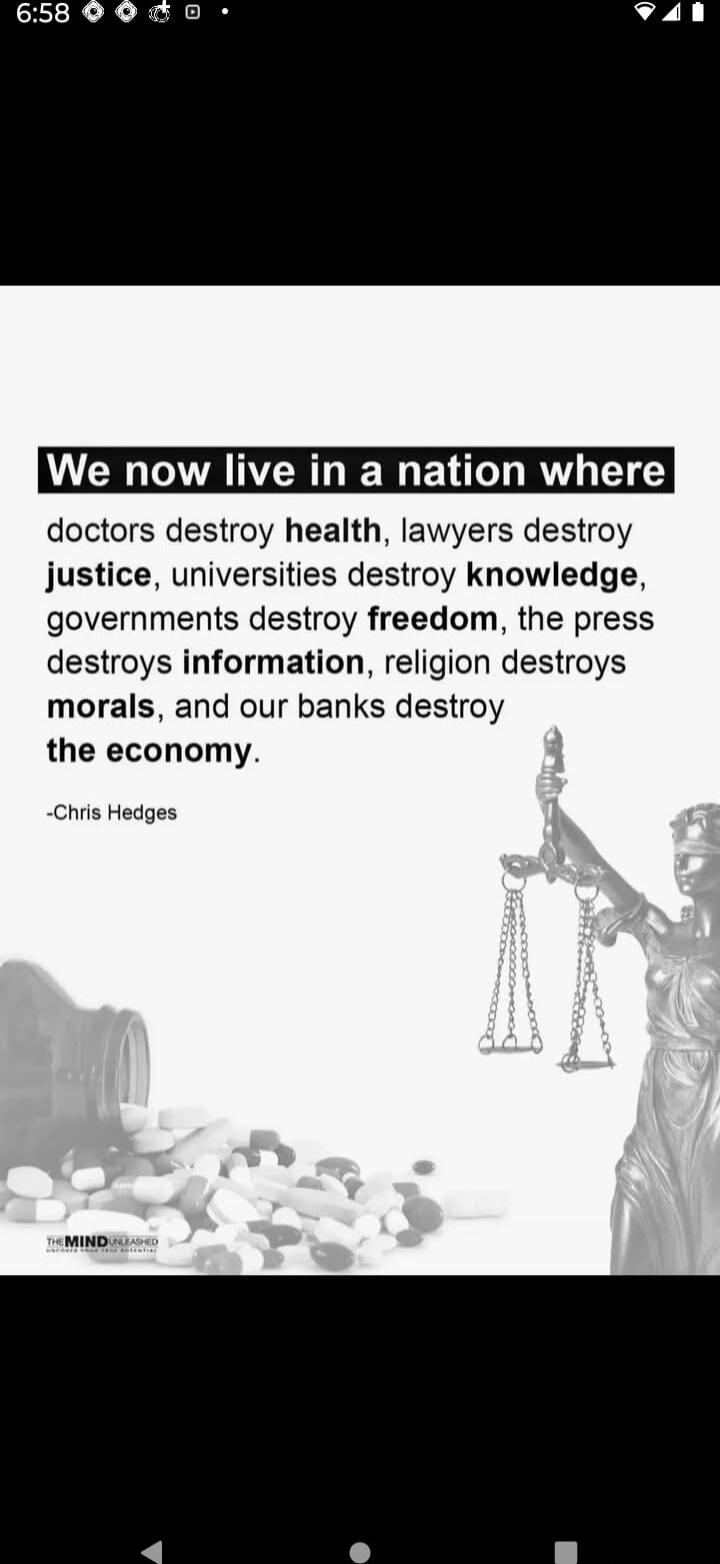 We now live in a nation where doctors destroy health, lawyers destroy justice, universities destroy knowledge, governments destroy freedom, the press destroys information, religion destroys morals, and our banks destroy the economy. -Chris Hedges