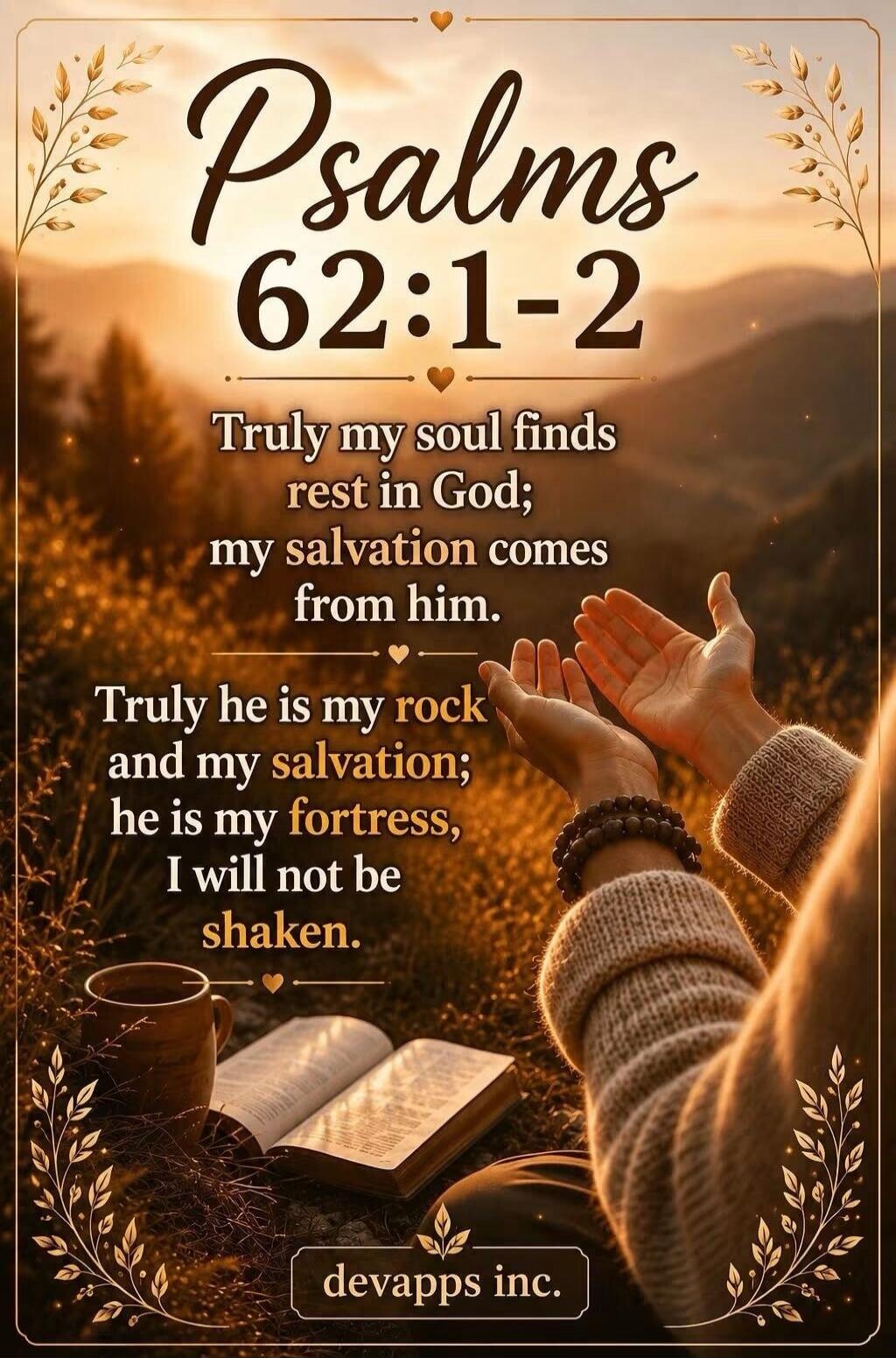 Psalms 62:1-2
Truly my soul finds rest in God; my salvation comes from him.
Truly he is my rock and my salvation; he is my fortress, I will not be shaken.
devapps inc.