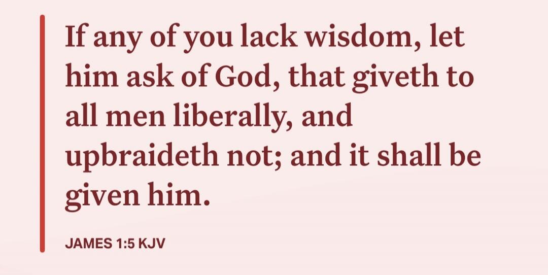 If any of you lack wisdom, let him ask of God, that giveth to all men liberally, and upbraideth not; and it shall be given him.
JAMES 1:5 KJV