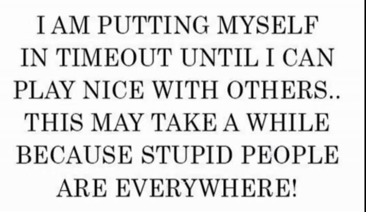 I AM PUTTING MYSELF IN TIMEOUT UNTIL I CAN PLAY NICE WITH OTHERS.. THIS MAY TAKE A WHILE BECAUSE STUPID PEOPLE ARE EVERYWHERE!