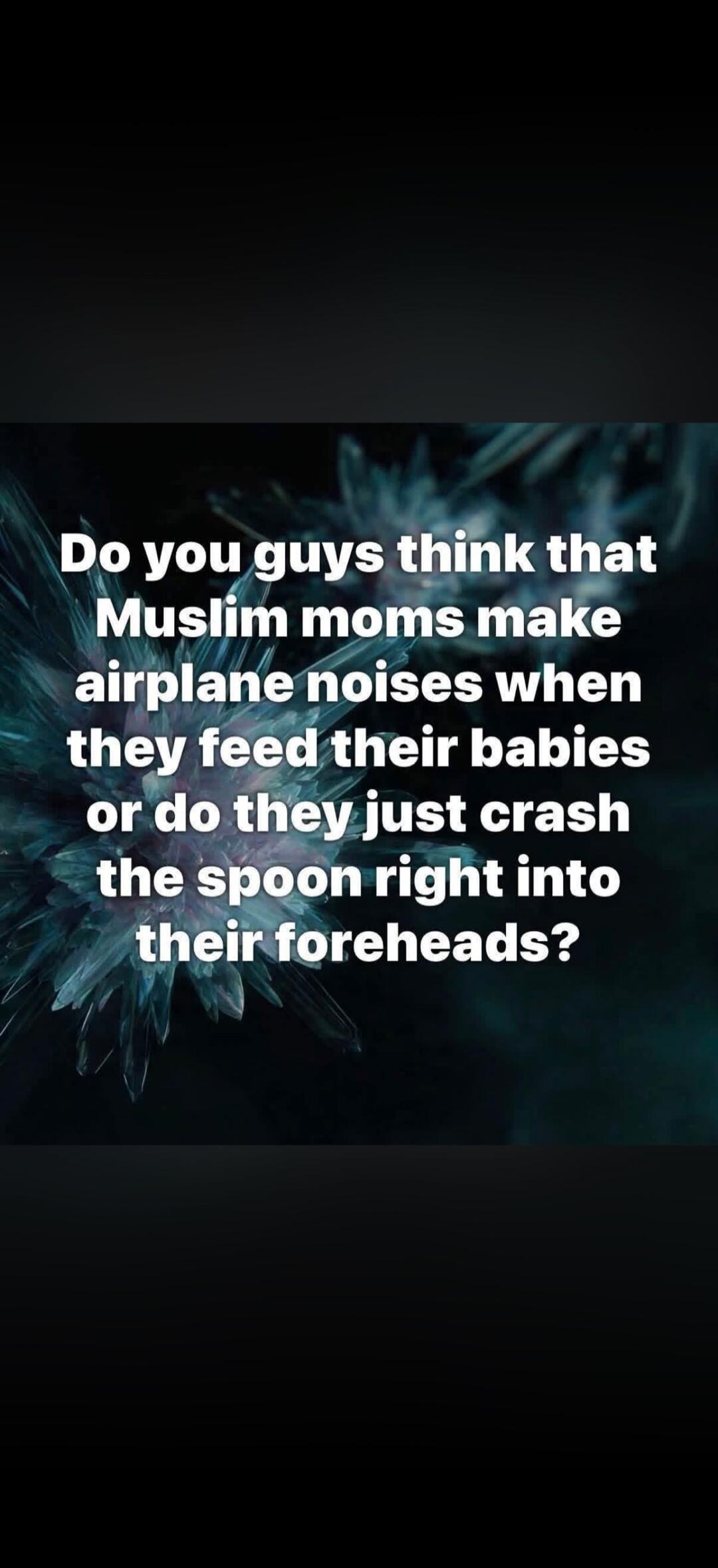 Do you guys think that Muslim moms make airplane noises when they feed their babies or do they just crash the spoon right into their foreheads?