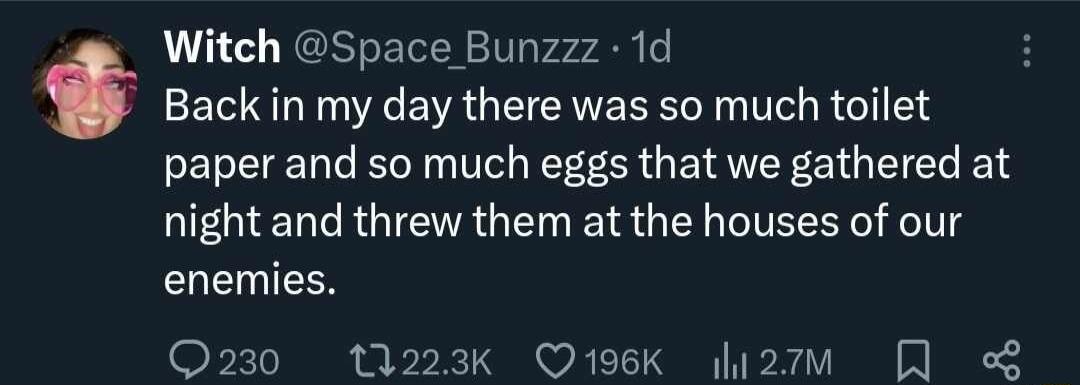 Witch Space Bunzzz 1d Back in my day there was so much toilet paper and so much eggs that we gathered at night and threw them at the houses of our CHCINIEEN Q230 11223k Q196K h2tm L