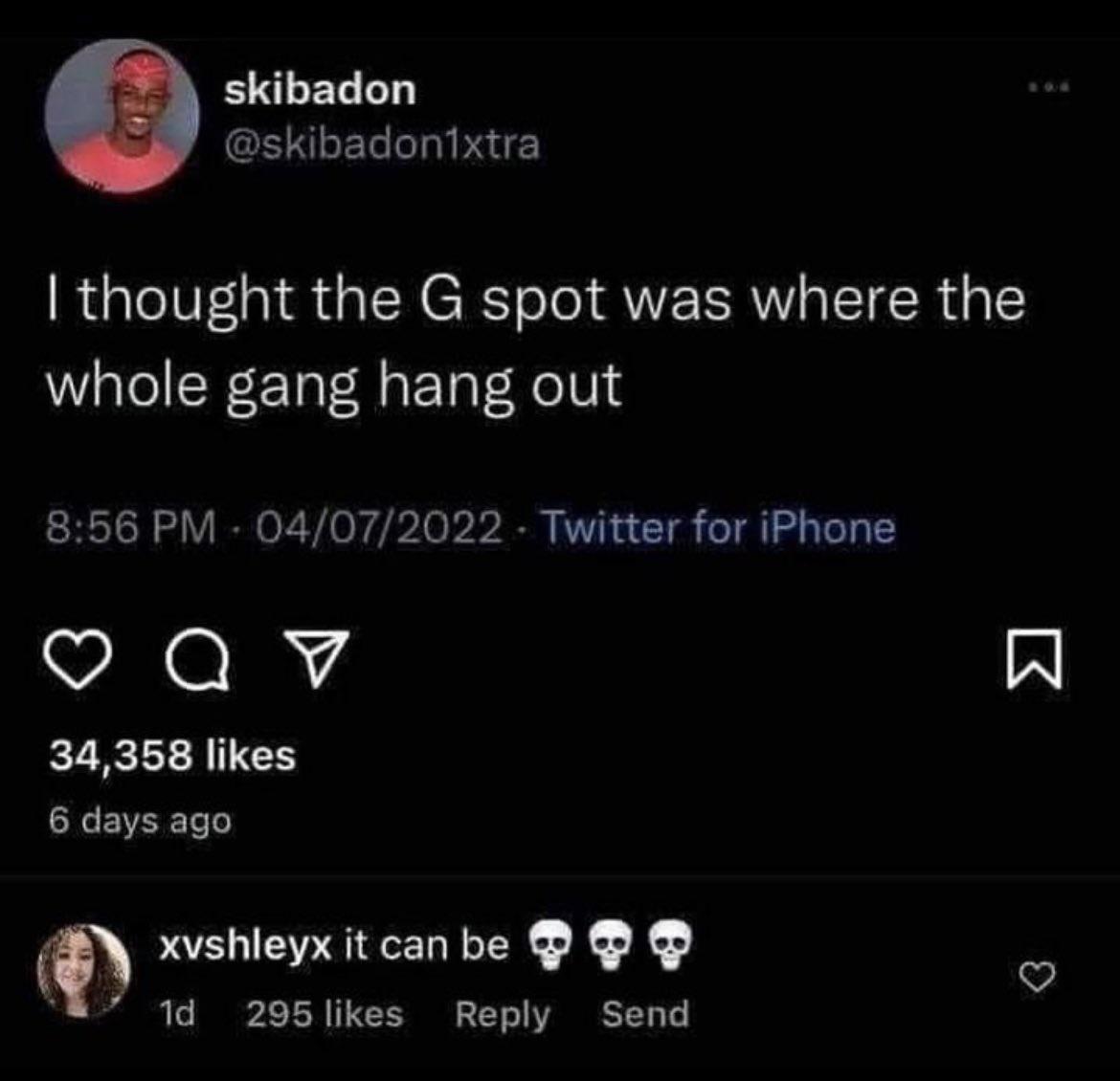skibadon GENLEL LT PR thought the G spot was where the whole gang hang out 856 PM 04072022 Twitter for iPhone 34358 likes CLEVEETT m xvshleyx it can be 1d 295likes Reply Send
