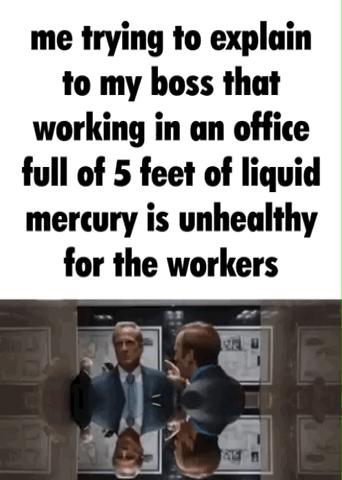 me trying to explain to my hoss that working in an office full of 5 feet of liquid mercury is unhealthy for the workers